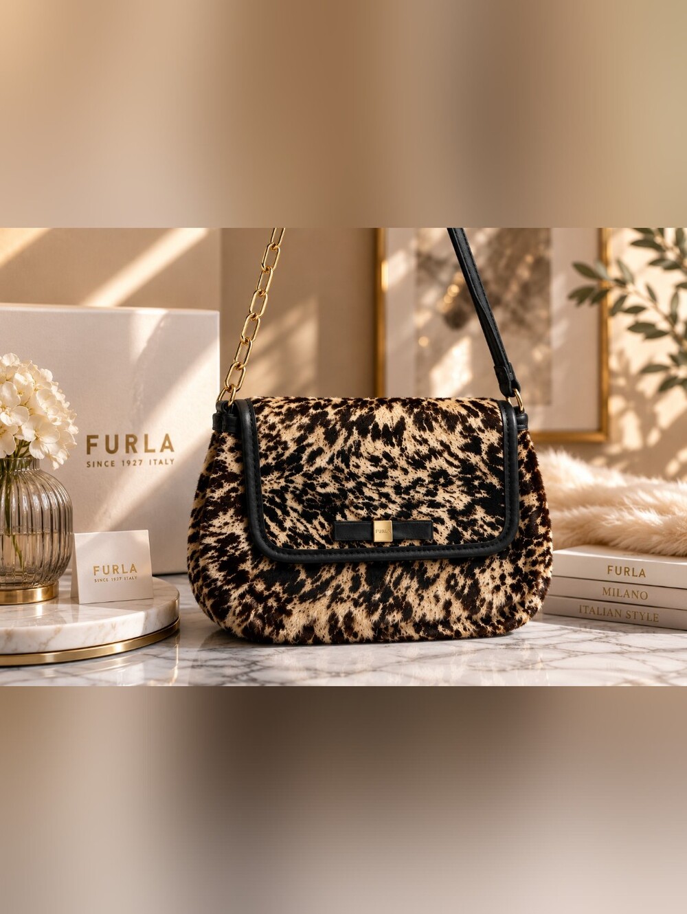 Furla Small Black & Cream Leopard Fur Print Crossbody